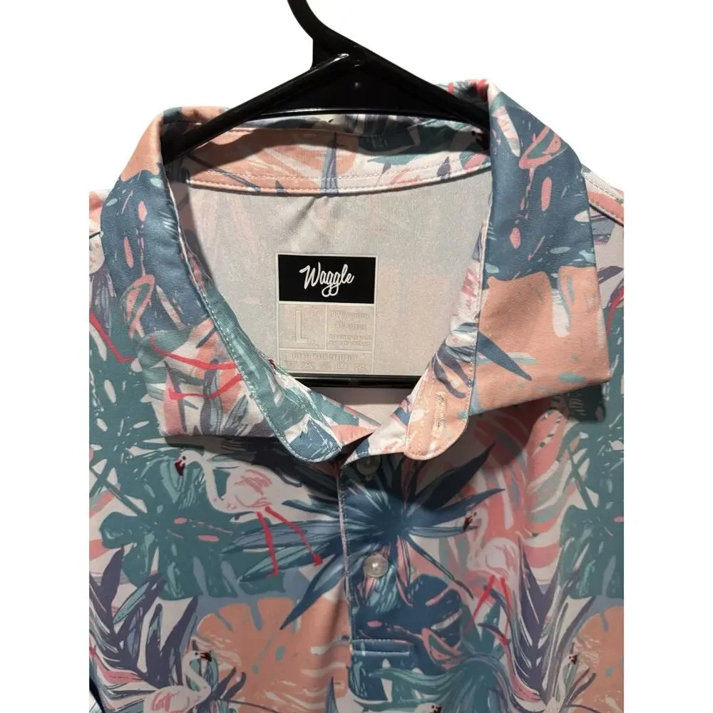 Waggle Men’s Golf Polo Shirt Fairway Flamingo Print Performance Stretch - Picture 2 of 4